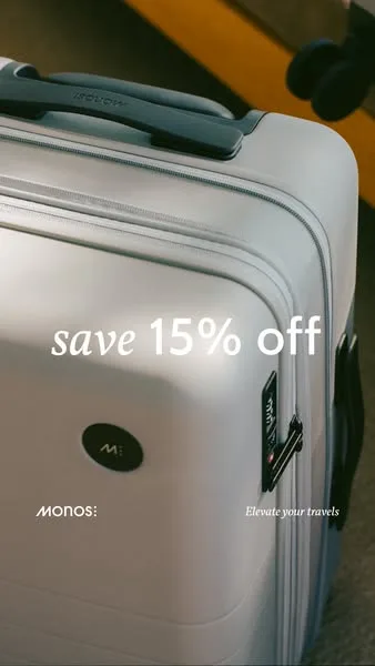 Monos static image ad: Save 15% on premium travel gear. Get a free gift valued at $165 with your purchase.