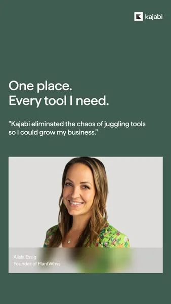 Kajabi static image ad: Experts in every niche run their business on Kajabi. Courses, coaching, communities, payments, and email all in one place, so you're building…