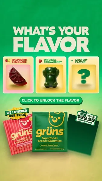 Grüns static image ad: Up to 61% off with free gifts on Grüns right now — and here's why everyone's grabbing it. 21 vitamins & minerals, prebiotics, and 60+ thoughtful…