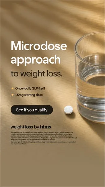Hims static image ad: Wegovy® Pill Microdose Plan is here with Hims. Built for guys with less weight to lose — a gentler way to start with a 1.5mg once-daily pill.
