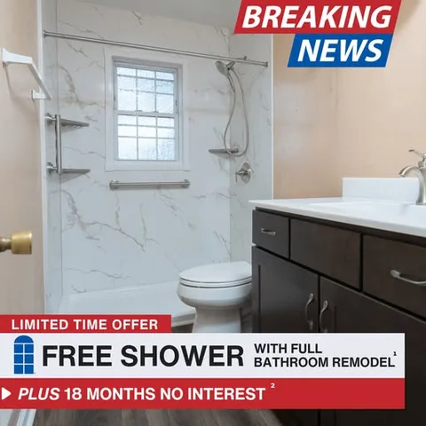 West Shore Home static image ad: Big news for homeowners: West Shore Home is offering a FREE shower with every full bathroom remodel¹, for a limited time only. On top of that, pay…