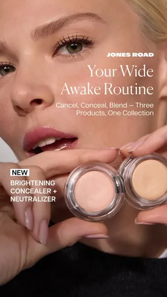 Jones Road Beauty product showcase ad: Meet Wide Awake, our new under-eye collection for canceling darkness and concealing with comfort. Start with the Brightening Neutralizer, follow…