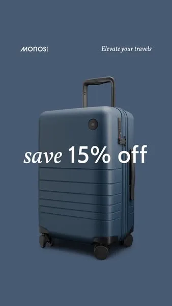 Monos static image ad: Premium travel pieces – now 15% off. Get a free gift with your $150+ purchase.