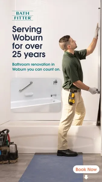 Bath Fitter static image ad: Serving Woburn homeowners for over 25 years 🛁 Fill out the form for your free quote on a custom-fit tub or shower. Takes a few seconds, no…