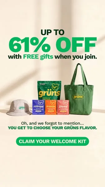 Grüns static image ad: Grüns Superfood Gummies deliver 21 vitamins and minerals, plus prebiotics in one tasty bite. Support energy, gut health, and help you feel your best…