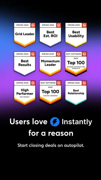 Instantly static image ad: Businesses choose Instantly to close deals faster. From “Top Sales Software” to “Best ROI,” the awards speak for themselves. 🏆