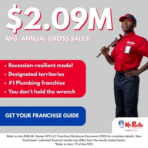 Mr. Rooter Plumbing text-led statement ad: Looking for a new path that gives you more control over your future? With Mr. Rooter's proven franchise model, business ownership is more accessible…