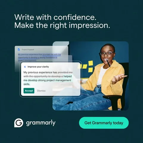 Grammarly static image ad: Work faster and smarter with an AI assistant that supports you at every step.