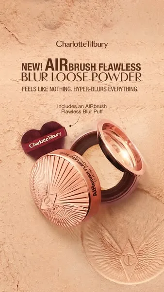 Charlotte Tilbury static image ad: Darlings, my NEW! AIRbrush Flawless Blur Loose Powder + heart-shaped AIRTECH™ Blur Puff are ready for your beauty bag! ?✨