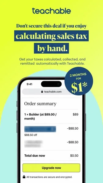 Teachable static image ad: Save time on taxes. ⏱️ Teachable handles sales tax for you, so you can focus on your business.