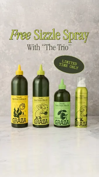 Graza static image ad: Now for a limited time, get 25% off three oils for all your cooking adventures!