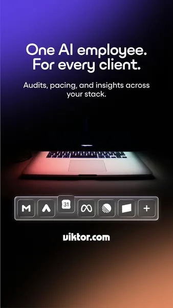 Viktor static image ad: Give every client account its own Viktor. Reporting, follow-ups and ops run from Slack while your team stays the same size. 45,000+ teams already…