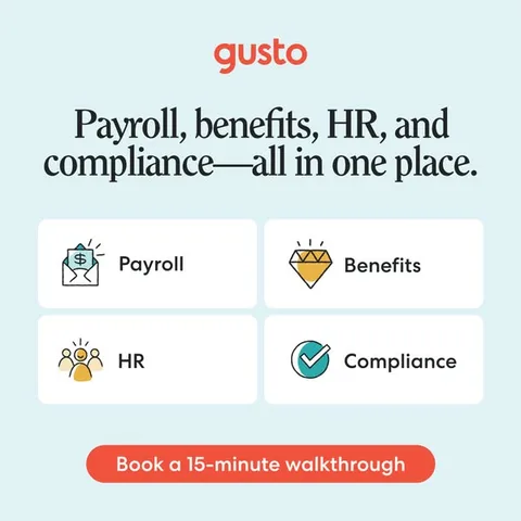Gusto static image ad: Stop bouncing between tools. Gusto gives you payroll, benefits, and HR in one seamless, integrated platform.