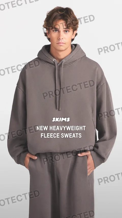 SKIMS static image ad: Fall comfort has arrived. Stock up on new Heavyweight Fleece Sweats for ultimate warmth.