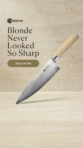 HexClad product showcase ad: Meet the Japanese Damascus Steel Knives in Blonde, featuring natural Blonde pakkawood handles for a lighter, timeless look.