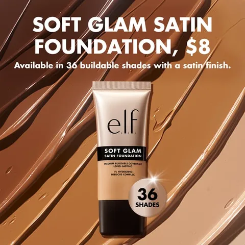 e.l.f. Cosmetics product showcase ad: It's easy as e.l.f. to find your ideal match in Soft Glam Satin Foundation.