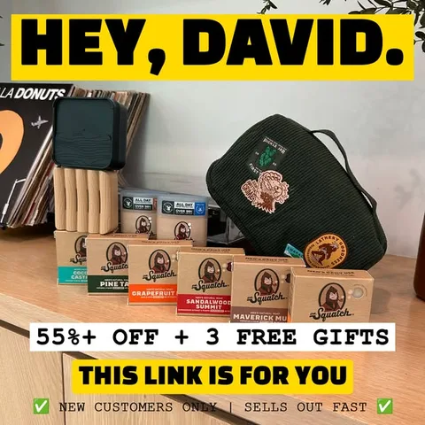 Dr. Squatch static image ad: 59% OFF + 3 FREE GIFTS | New Customer Bundle