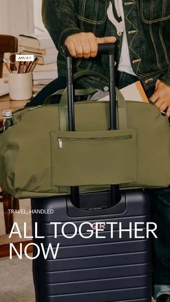 Away static image ad: Our new Signature Bags feature a trolley sleeve that slides onto your Away luggage, so getting all your belongings to your gate on time is a breeze.