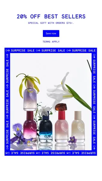 Glossier static image ad: Surprise! Take 20% off best sellers. Plus, a free Futuredew Solid on orders $75+. Our treat.