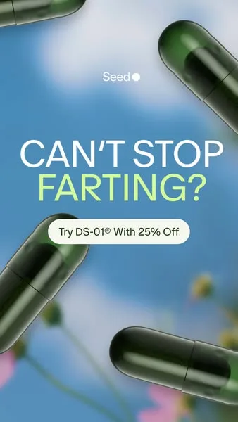 Seed static image ad: DS-01® is the 2-in-1probiotic and prebiotic formulated with 24 scientifically studied strains to deliver benefits in and beyond the gut.