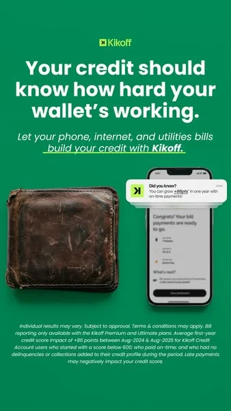 Kikoff static image ad: Let your bills build credit with Bill Reporting by Kikoff