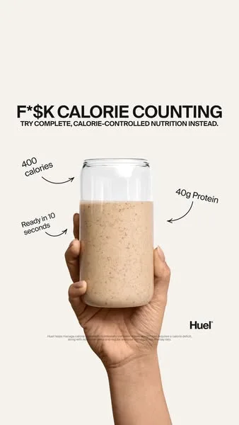 Huel static image ad: Huel Black Edition Powder gives you 40g of protein, 27+ essential nutrients, and just 400 calories in a shake that takes the guesswork out of your…