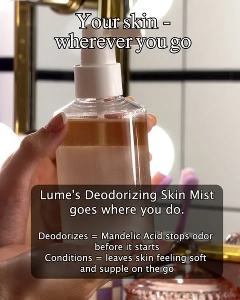 Lume Deodorant static image ad: Your deodorant shouldn't stay home just because you're on the go. Lume's Deodorizing Skin Mist fits wherever you do — stops odor before it starts…