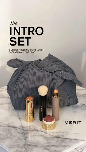 MERIT static image ad: The Intro Set — a limited edition collection of our best-selling complexion essentials — for less.