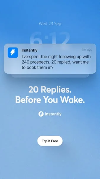 Instantly static image ad: Instantly keeps sales and outreach moving, so you can come back to replies from people interested in talking. Try it free.