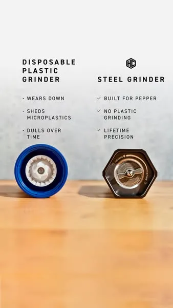 HexClad comparison ad: Great cooking starts with great seasoning. The HexMill Pepper Grinder is built with stainless steel burrs with an aluminum body for consistent…