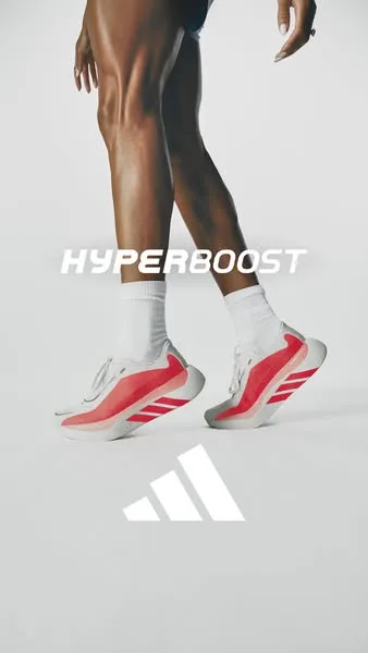 adidas static image ad: The first adidas non-plated running shoe for long distances, powered by Hyperboost Pro.