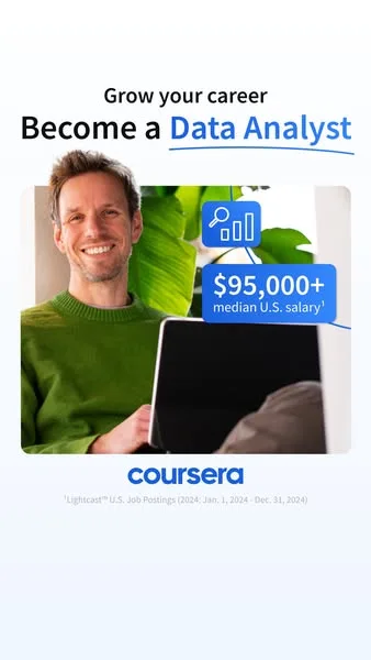 Coursera lifestyle / destination ad: Launch your data analytics career with professional training from Google. Gain in-demand skills and dive into the daily practices of industry…