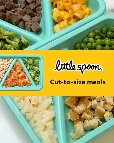 Little Spoon product showcase ad: Skill building in every bite ✅ Cut-to-size, wholesome meals made to bridge the gap between purees and table foods.