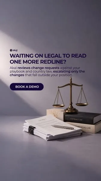 Deel text-led statement ad: ~200 contract requests a week across 100+ countries. Let Akai handle the first pass.