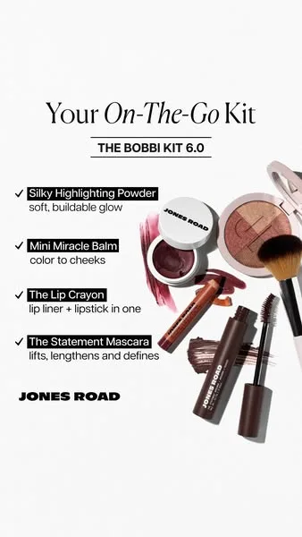 Jones Road Beauty product showcase ad: One kit, five essentials, and endless ways to make the look your own. From barely there to full statement, The Bobbi Kit 6.0 lets you layer and…