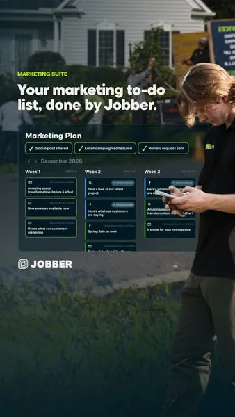 Jobber static image ad: A full marketing plan in minutes a week. Jobber Marketing Suite gets emails, posts, and promos ready to review and approve.