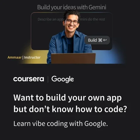 Coursera static image ad: Stop searching for the perfect app. Learn how to build it yourself with the newest course in the Google AI Professional Certificate.