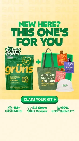 Grüns static image ad: Up to 61% off with free gifts on Grüns right now — and here's why everyone's grabbing it. 21 vitamins & minerals, prebiotics, and 60+ thoughtful…