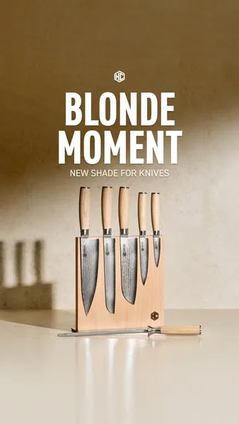 HexClad product showcase ad: Meet the Japanese Damascus Steel Knives in Blonde, featuring natural Blonde pakkawood handles for a lighter, timeless look.