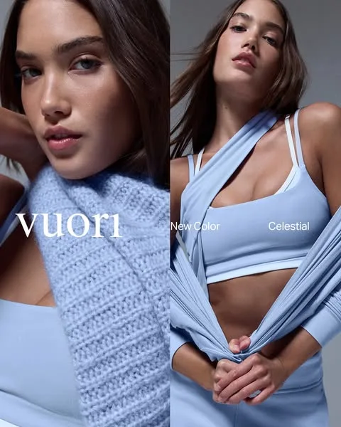Vuori product showcase ad: Meet luxe lounge and fitness styles in Celestial, a limited-edition hue that’s softer than sky.