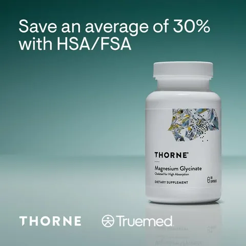 Thorne static image ad: Thorne + Truemed: eligible customers can use HSA/FSA pre-tax dollars on select products and save 30% on average.*