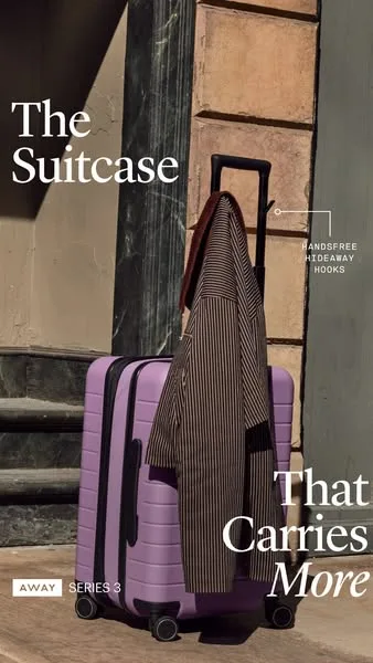 Away product showcase ad: Two integrated hooks flip out when you need an extra hand, for the newsstand haul or the sweater you took off in the taxi line.