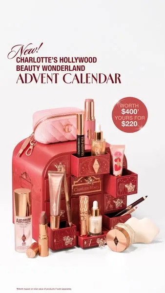 Charlotte Tilbury offer / promotion ad: Darlings, meet my NEW Hollywood Beauty Wonderland Advent Calendar ✨ 15 surprises, including 4 full-size icons, worth $400 🎁