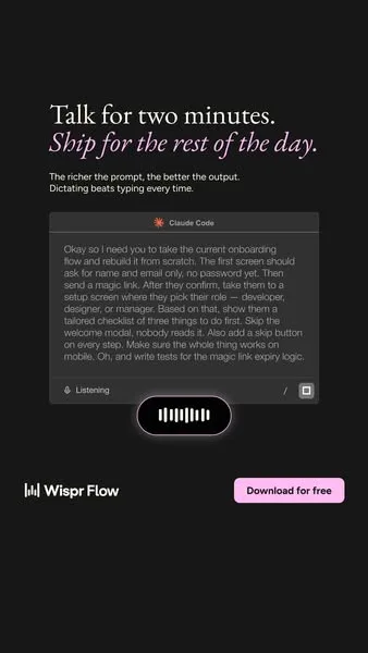 Wispr Flow static image ad: Two minutes talking, the rest of the day shipping. 🚀