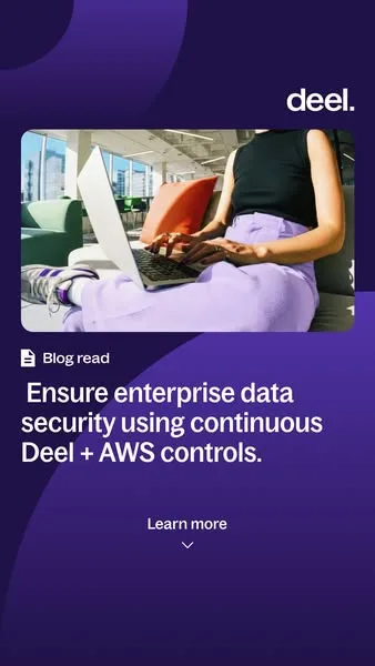 Deel static image ad: New markets bring new risks. Deel’s compliance engine keeps your global startup secure and audit-ready.