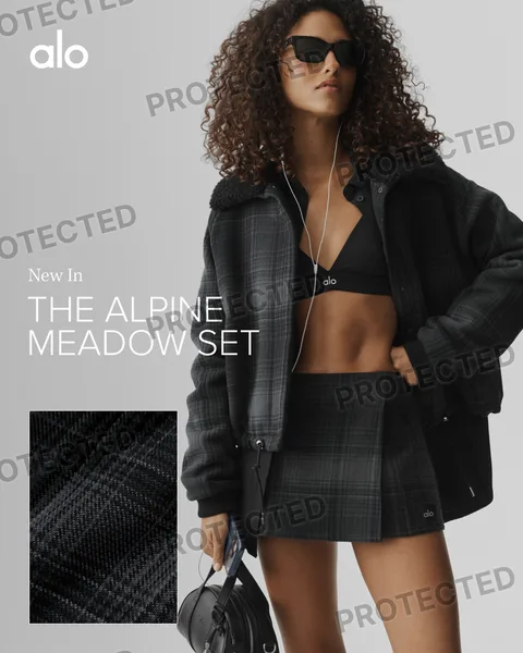 Alo Yoga static image ad: A cool jacket with a mini checks all our fall boxes. And did we mention it comes in plaid?