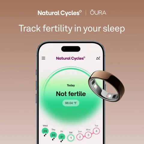 Oura static image ad: Demystify your cycle with non-hormonal birth control from Natural Cycles, powered by Oura temperature trends. Oura tracks your temperature trends…