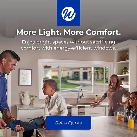 Window World static image ad: Designed for year-round living, Window World replacement windows help create bright spaces that feel more comfortable every day.