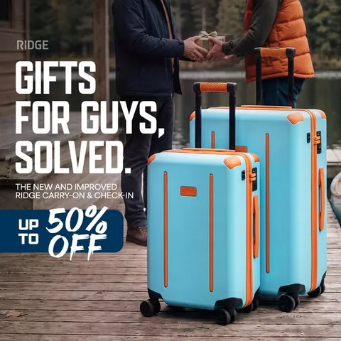 Ridge static image ad: Friends don't let friends pay full price. Up to 50% off for the last carry-on you'll ever buy. The Friends & Family Sale is on!