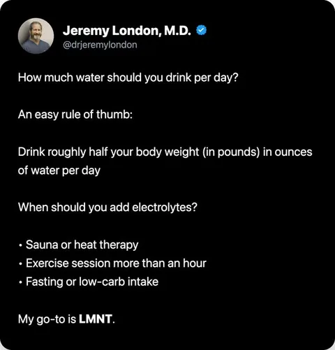 LMNT static image ad: As a physician, I remind patients that hydration is more than water. LMNT replaces the electrolytes your body loses when you sweat and train.